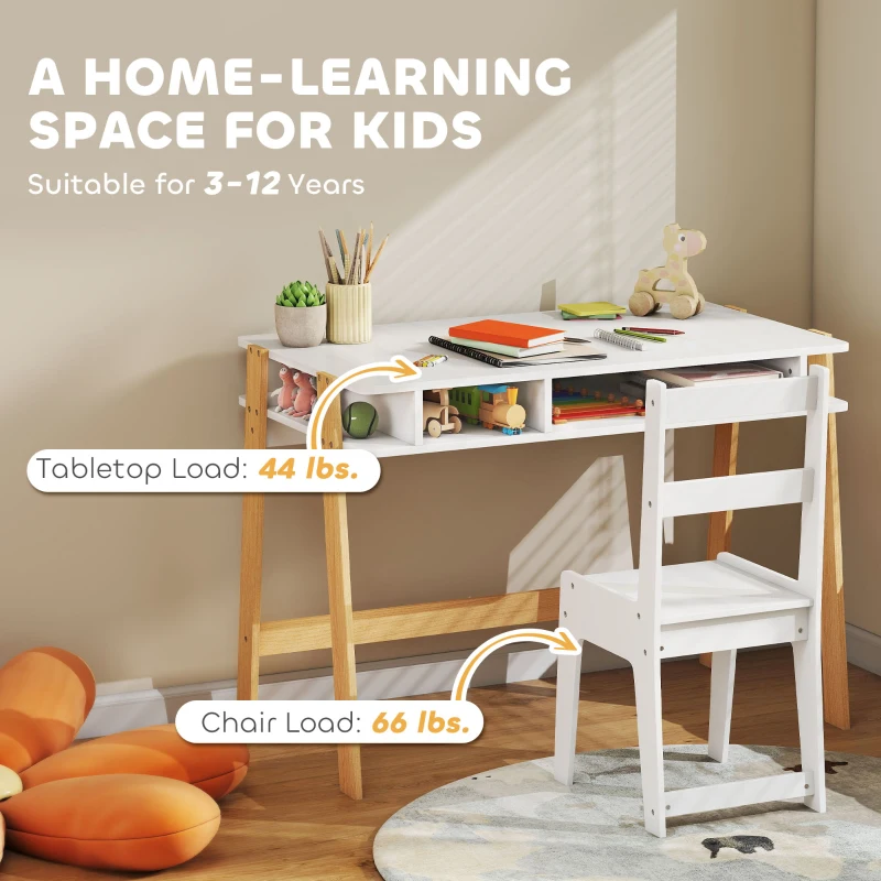 Qaba Kids Desk and Chair Set with Storage for Bedroom, School, Gift for Children Ages 3-12, White