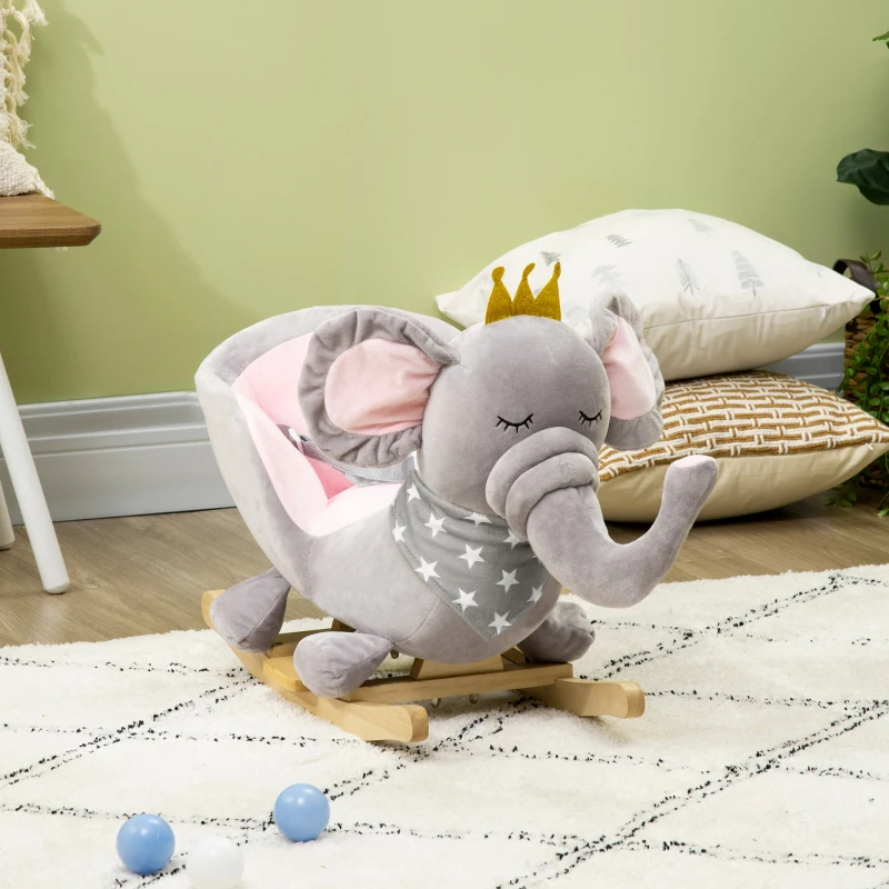 Qaba Baby Rocking Horse Elephant Rocking Chair Toddler Rocker Toy with Sound Wooden Base Seat for 1.5-3 Year Old, Gray