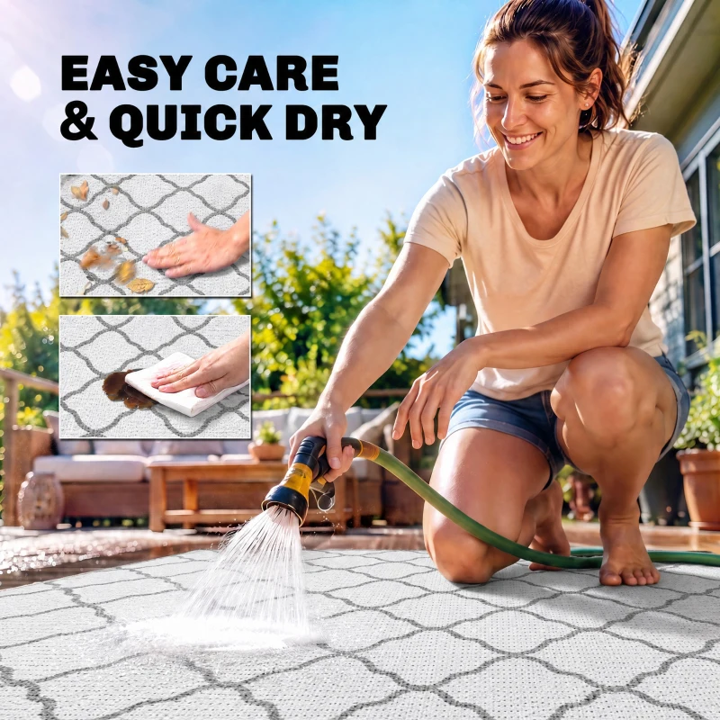Outsunny Waterproof  Outdoor Rug, 6' x 9' RV Rug Reversible Mat for Backyard, Deck, Picnic, Beach, Camping, Grey & White Net