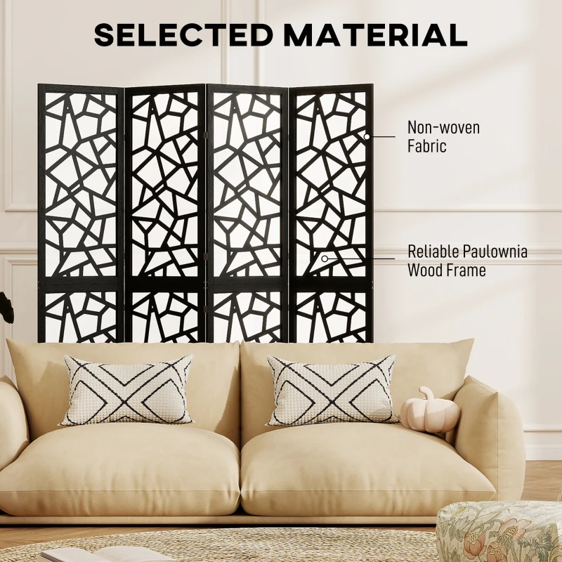 HOMCOM 4 Panel Room Divider, 5.6 FT Lightweight Folding Privacy Screen with Geometric Pattern for Living Room, Bedroom, Black