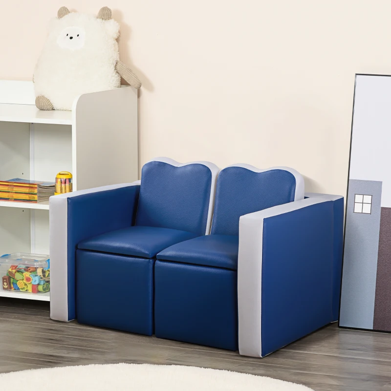 Qaba Kids Sofa Set 2-in-1 Multi-Functional Toddler Table Chair Set 2 Seat Couch Storage Box Soft Sturdy Blue