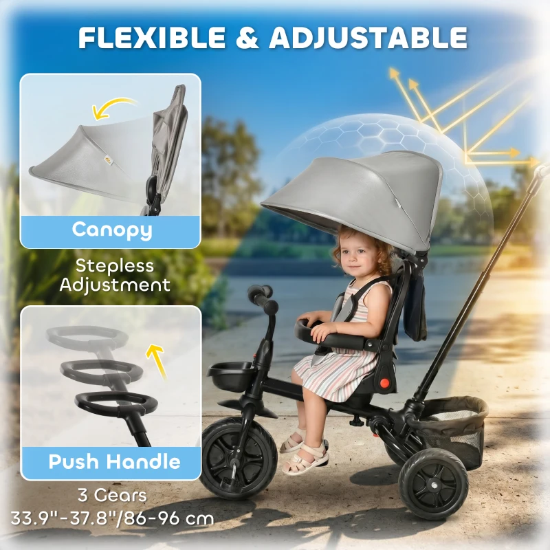Qaba Tricycle for Toddler 5 in 1 Kids Trike, Foldable Converts Stroller to Toddler Bike, Adjustable Backrest & Curved Canopy, Detachable Guardrail & Handle for 1-5 Years Old, Grey