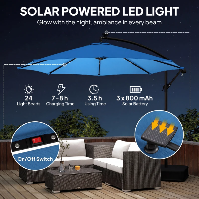 Outsunny 10 ft Cantilever Patio Umbrella with Light, Weight, Offset Hanging Outdoor Umbrella with Protective Cover, Lake Blue