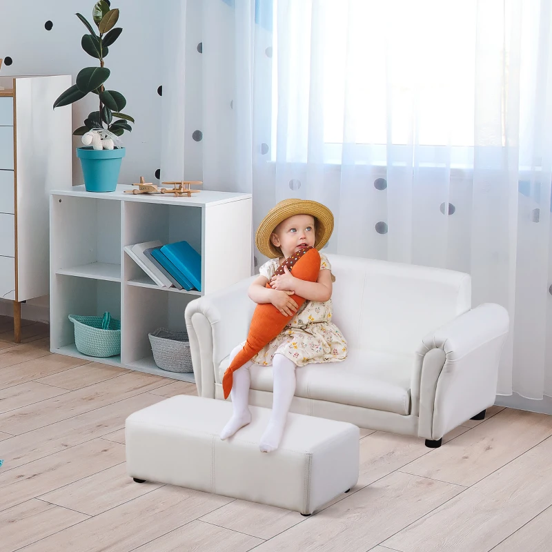 Qaba Kids Sofa Set with Footstool for Toddlers and Babies, White