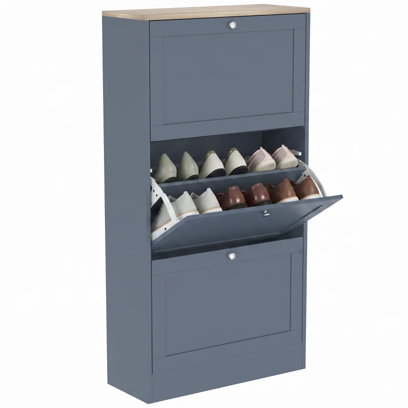 HOMCOM Modern Shoe Storage Cabinet with 3 Flip Drawers and Adjustable Shelves for 12-18 Pairs of Shoes, Blue