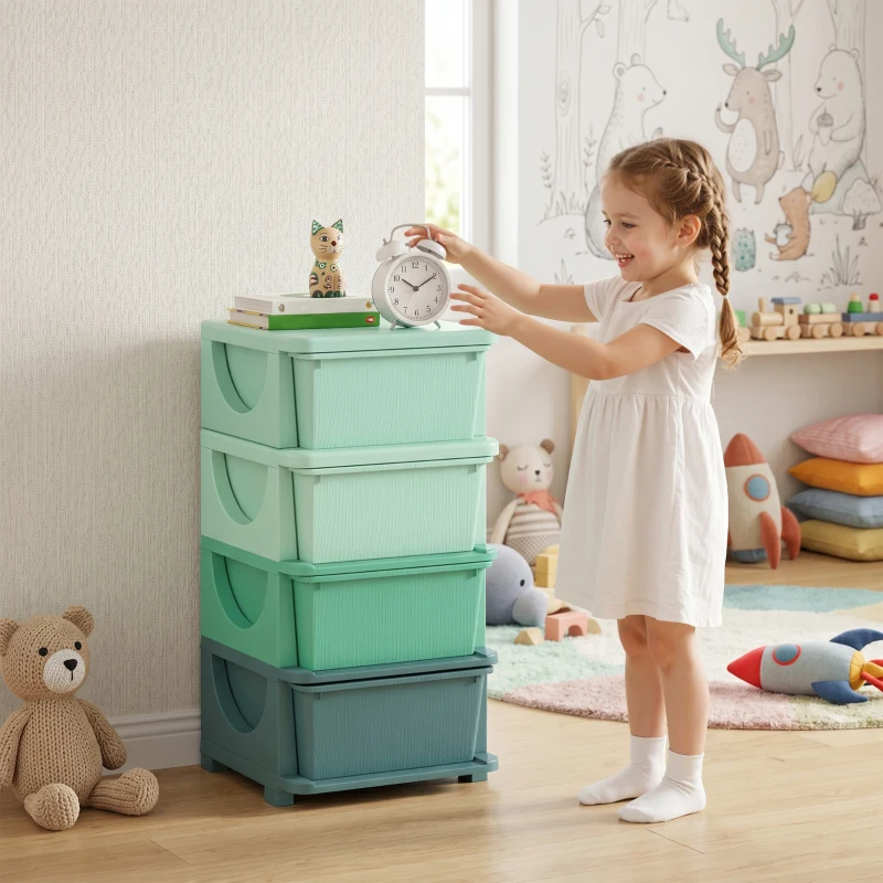 Qaba 4 Tier Kids Storage Unit, Toy Organizers and Storage with 4 Drawer for Bedroom Nursery Living Room for Boys Girls Green