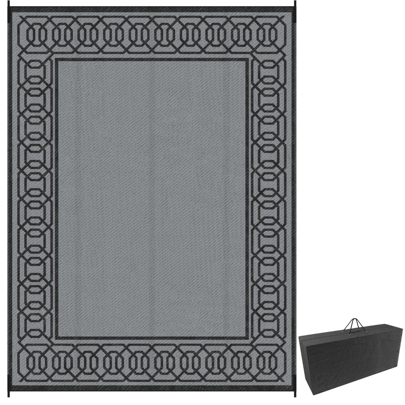Outsunny Portable Outdoor Rug with Carrying Bag, 9' x 12' Reversible Mat, Waterproof Plastic Straw RV Rug for Backyard, Deck, Picnic, Beach, Camping, Black and Grey