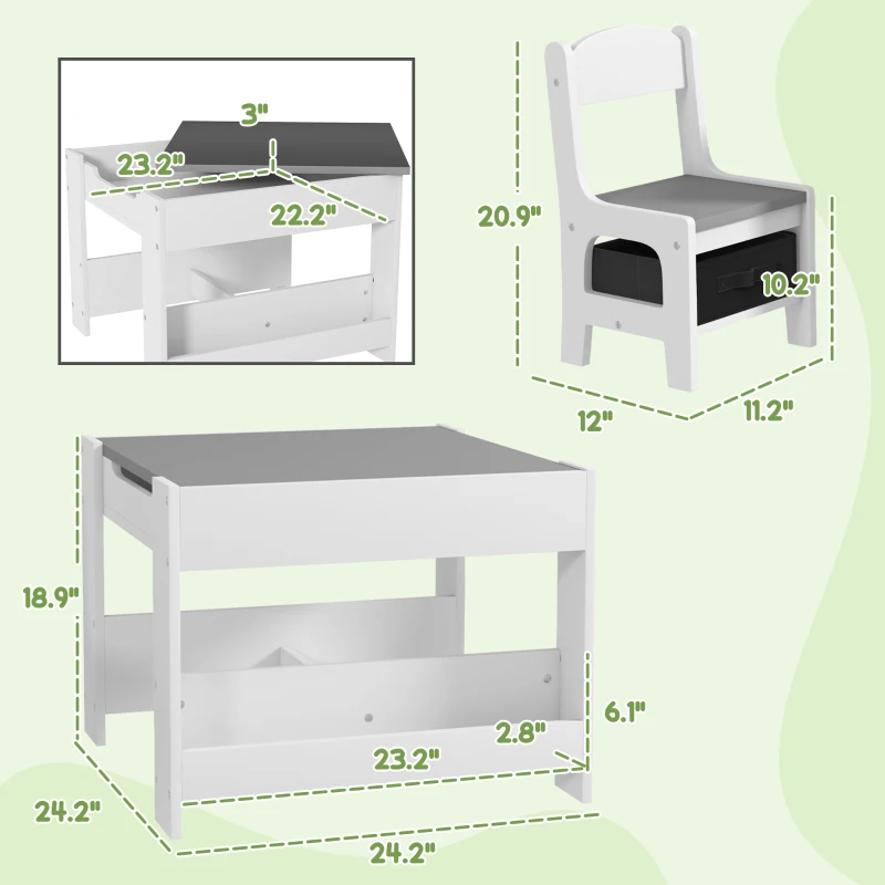 Qaba 3pc Kids Table and Chair Set with Reversible Tabletop Blackboard, Storage & Bookshelves, Gray