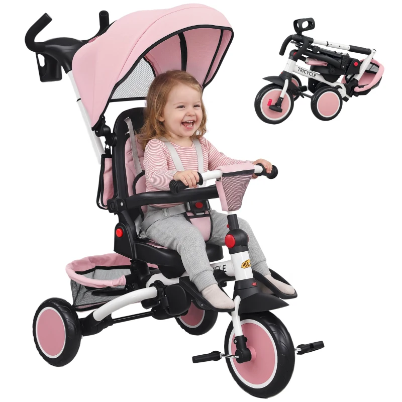 Qaba 6 in 1 Toddler Tricycle for 1-5 Years Old with Push Handle, Removable Canopy, Rotatable Seat, Pink