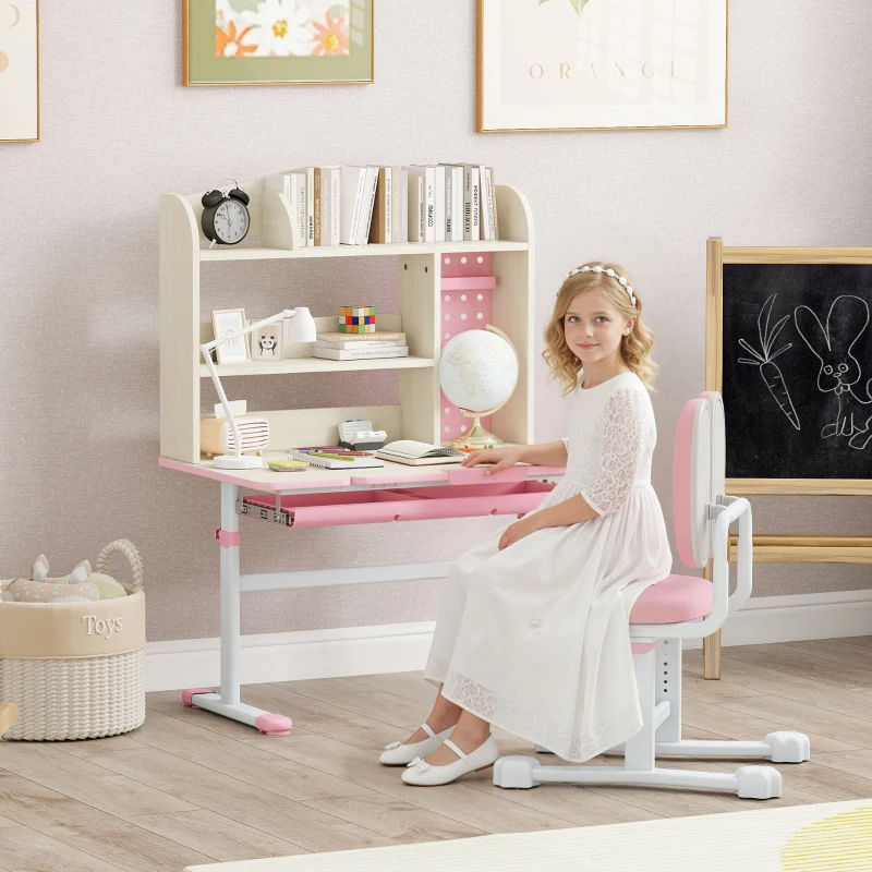 Qaba Kids Desk and Chair Set with Tilt Desktop, Adjustable Height, Drawer and Shelves for Boys Girls Ages 3-12, Pink