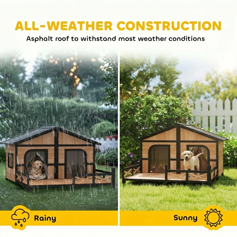PawHut Dog House Outdoor, Wooden Dog Kennel Weatherproof with Porch, Openable Roof, Removable Bottom, Elevated Floor, Double Room for 2 Small to Medium Breeds, Natural(m-5)