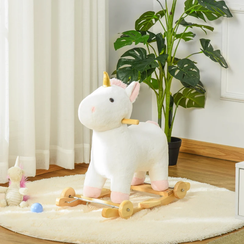 Qaba 2 in 1 Kids Rocking Horse, Rolling Unicorn with Sound, Wooden Base, Pedal, Grip Handle, for 3-6 Years Old, White