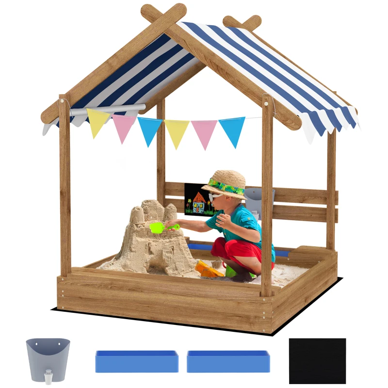 Outsunny Outdoor Wooden Sandbox with Cover for 3-7 Years Old, Backyard, Brown