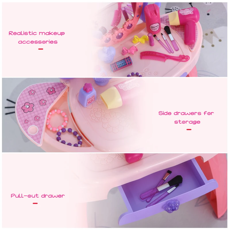 Qaba Kids Vanity Table and Stool Beauty Pretend Play Set with Mirror Lights Sounds & Pretend Beauty Makeup Accessories for Girls 3+ Years Old Pink
