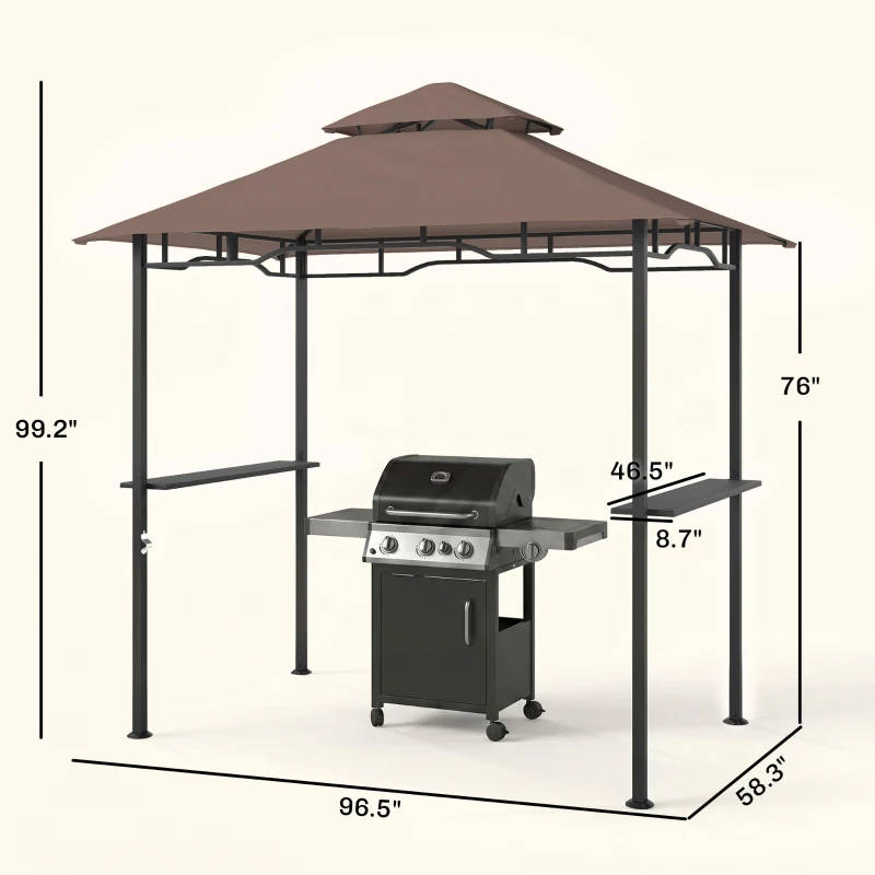 Outsunny 8' x 5' Grill Gazebo with Double Roof, Outdoor BBQ Canopy Gazebo with 2 Side Shelves for Patio Yard Garden Coffee