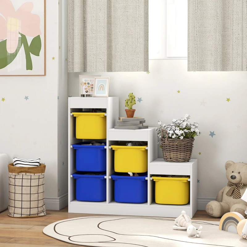 Qaba 3 Layers Toy Storage Organizer Kids Bookshelf Children Toy Storage w/ 6 Plastic Bins, Yellow & Blue