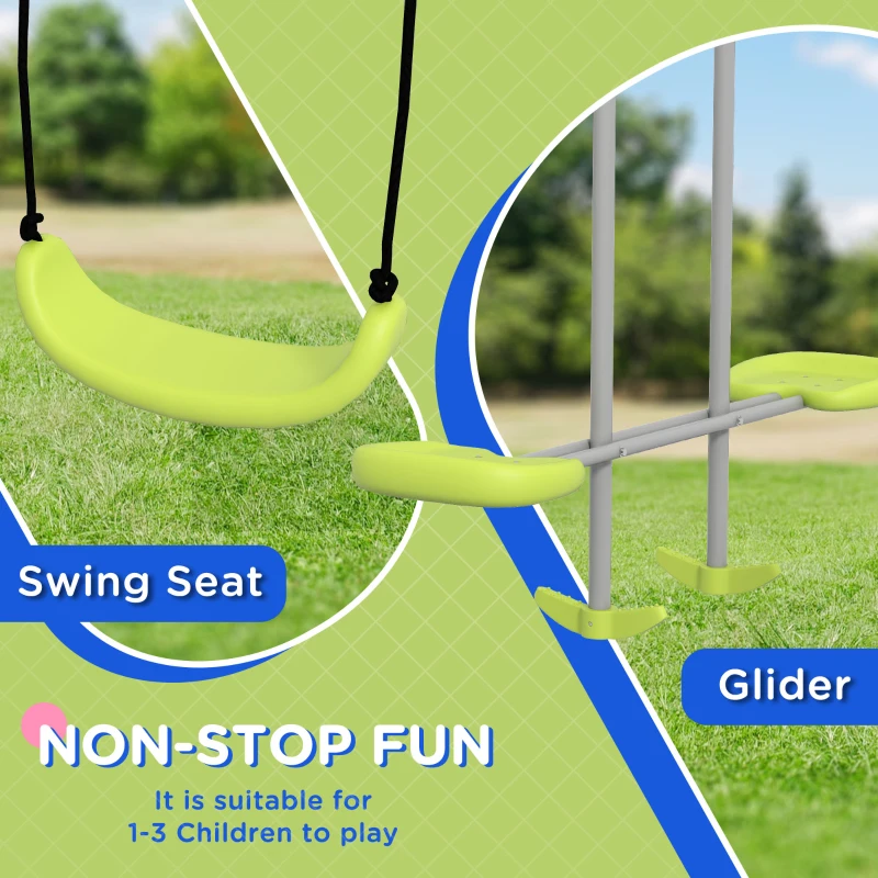 Outsunny Swing Set for Kids, Heavy Duty A-Frame Metal Swing Frame with Glider, Swing Seat, Ground Stakes for Backyard, Green