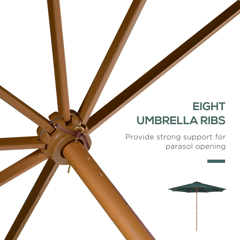 Outsunny 10FT Round Patio Umbrella with Rope Pulley Mechanism, Wooden Market Umbrella, Garden Parasol with 8 Ribs, Dark Green