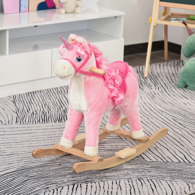 Qaba Kids Rocking Horse, Ride on Unicorn with Wooden Base, Tail Wag & Sounds for Toddlers 3-6 Years Old, Pink
