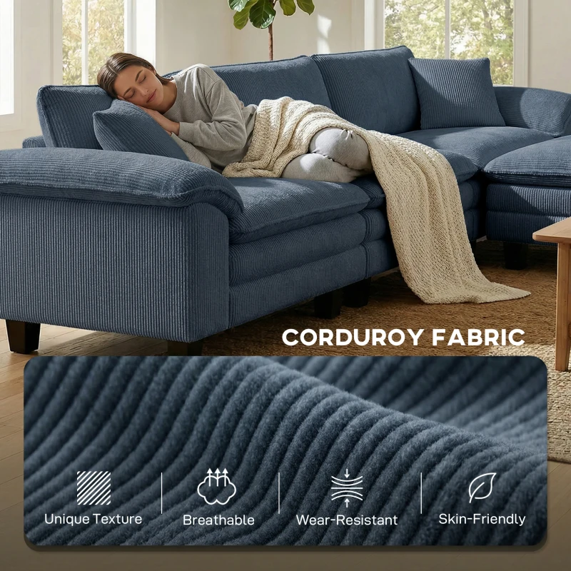 HOMCOM Sectional Sofa, L Shaped Couch with Deep Seat, Movable Ottoman and Pillow-top Armrests, Blue