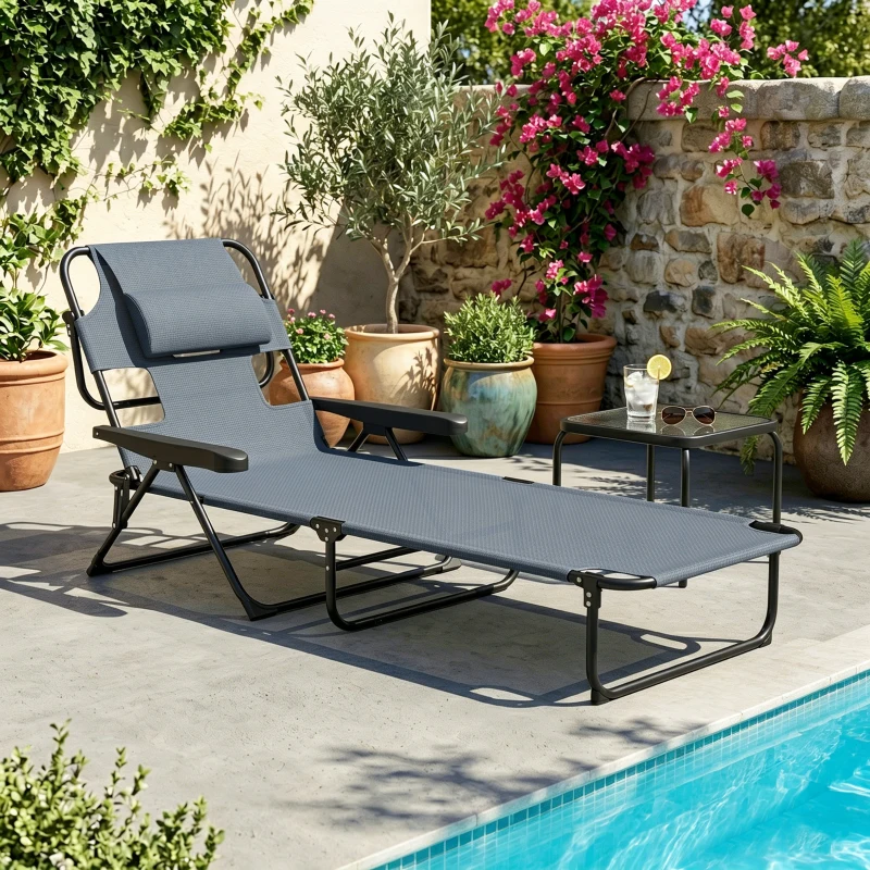 Outsunny Folding Lounge Chair w/ Reclining Back, Gray