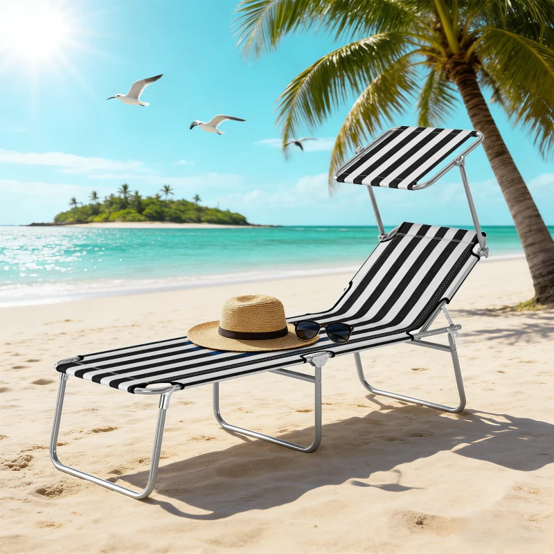 Outsunny Outdoor Pool Chaise Lounge Chair, Folding Tanning Chair with Sun Shade, Black and White