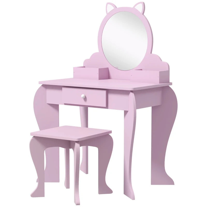 Qaba Makeup Vanity with Mirror and Stool, Cat Design, Drawer, Storage Boxes, for 3-6 Years Old, Pink