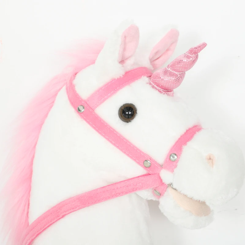 Qaba Unicorn Stick Horse, Plush Hobby Horse with Wood Wheels, Real Pony Neighing and Galloping Sounds, for Kids, White