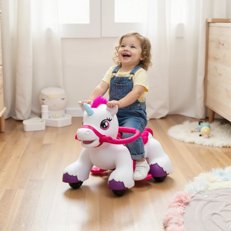 Qaba 12V Unicorn Ride on Toy, Battery Powered Kids Electric Ride on Horse with Carrot Toy, Comb, Animal Sounds
