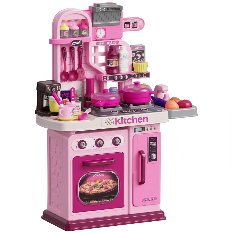 Qaba Kids Play Kitchen with Lights, Sounds, 33 Accessories & Storage for Toddler 3-6 Years