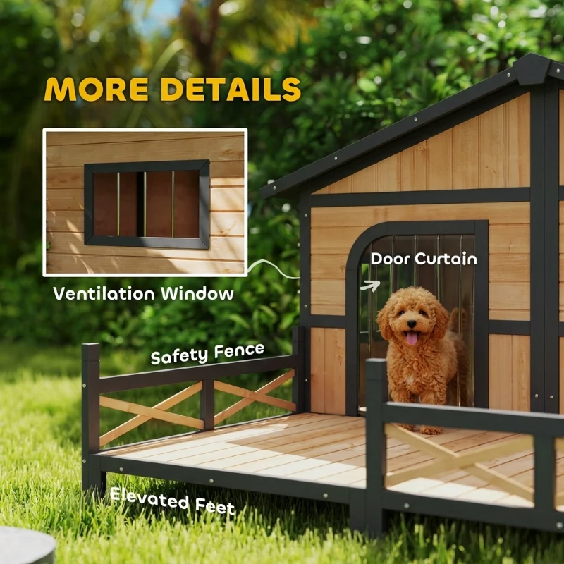PawHut Dog House Outdoor, Wooden Dog Kennel Weatherproof with Porch, Openable Roof, Removable Bottom, Elevated Floor, Double Room for 2 Small to Medium Breeds, Natural(m-9)