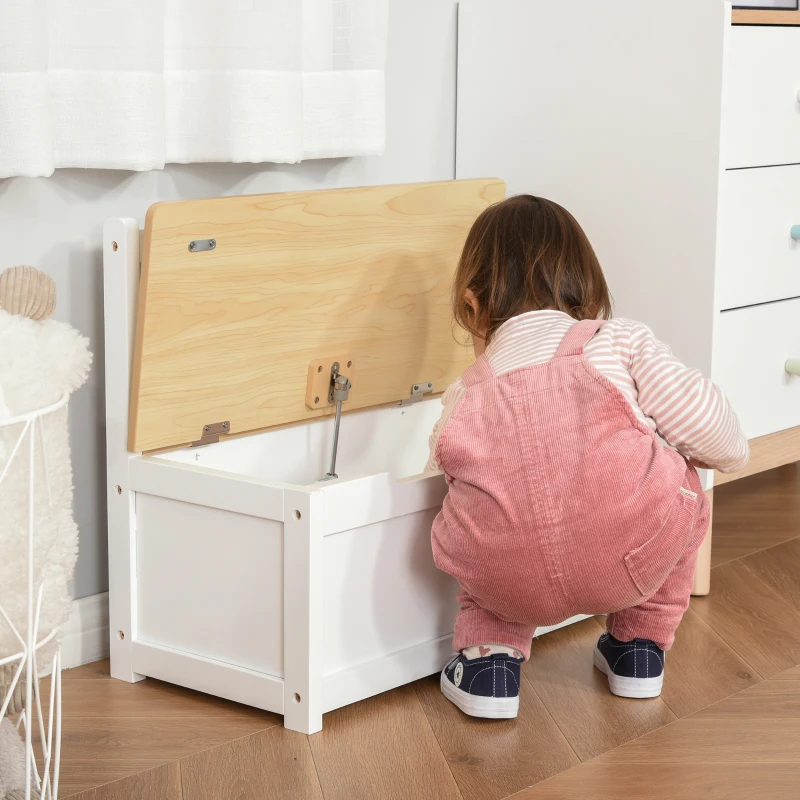 HOMCOM 2-in-1 Kids Wooden Toy Organizer Chest Storage Box with Seat Bench Cabinet Chunk Cube with Safety Pneumatic Rod White