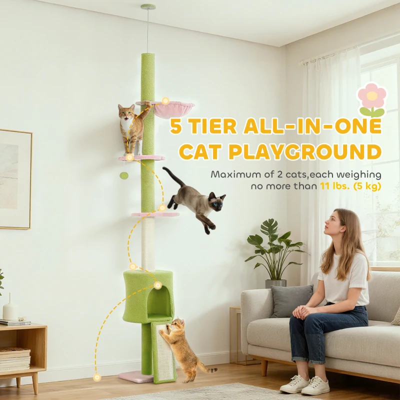 PawHut 87"-94.5" Floor to Ceiling Cat Tree with Sisal Scratching Post, Condo, Hammock, Ramp, Perches, Green