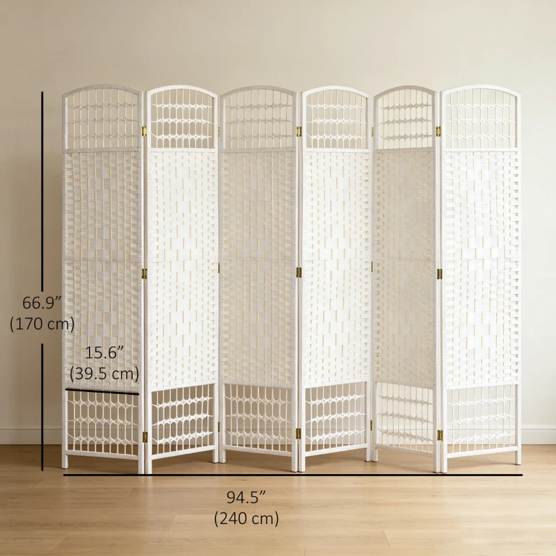 HOMCOM 6 Panel Folding Room Divider, Portable Privacy Screen, Wave Fiber Room Partition for Home Office, White