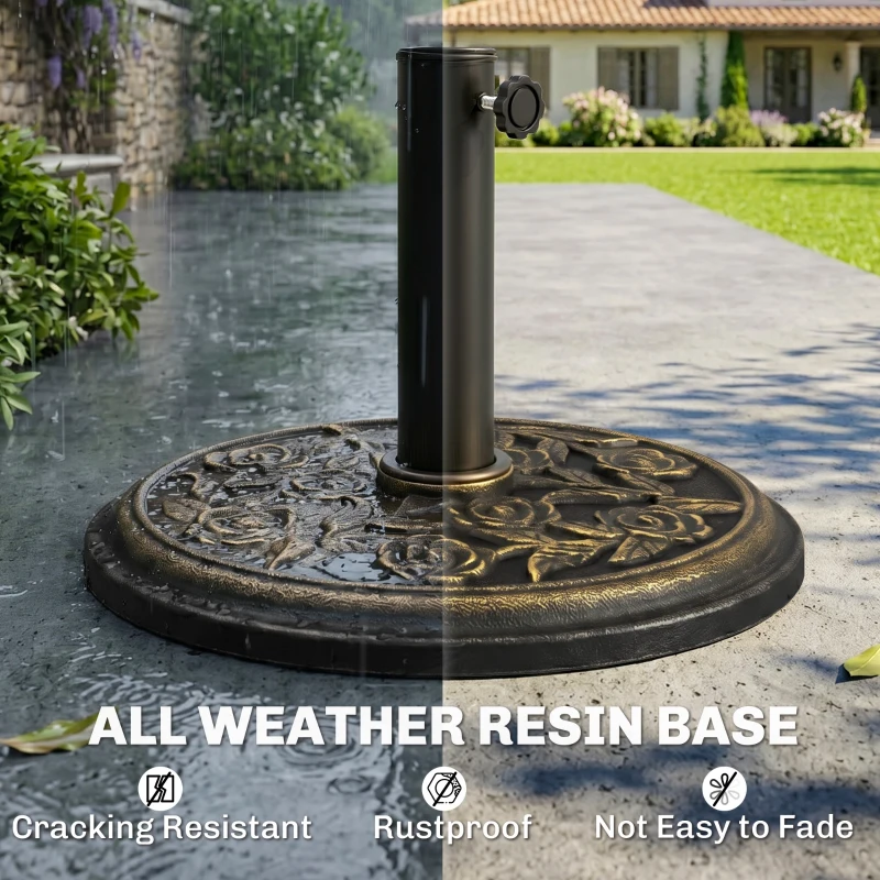 Outsunny 18" 20 lbs Round Resin Umbrella Base Stand Market Parasol Holder with Decorative Rose Floral Pattern & Easy Setup, for Φ1.5", Φ1.89" Pole, for Lawn, Deck, Backyard, Garden, Bronze