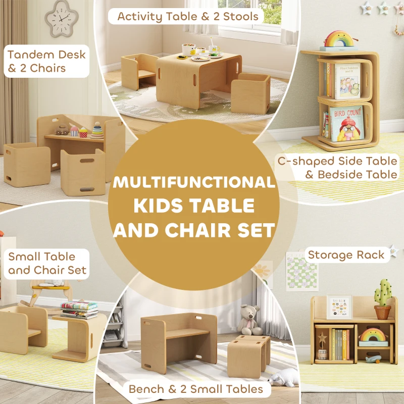 Qaba Kids Table and Chair Set, Height Adjustable Toddler Table and Chair Set for Kids Ages 3-8, Play, Learning, Natural