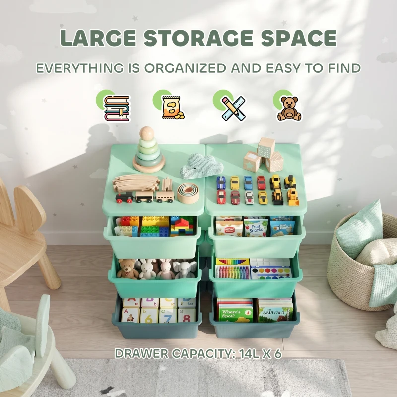 Qaba 3 Tier Kids Storage Organizer with 6 Drawers for Bedroom, Nursery, Kindergarten, Living Room, Boys and Girls, Green