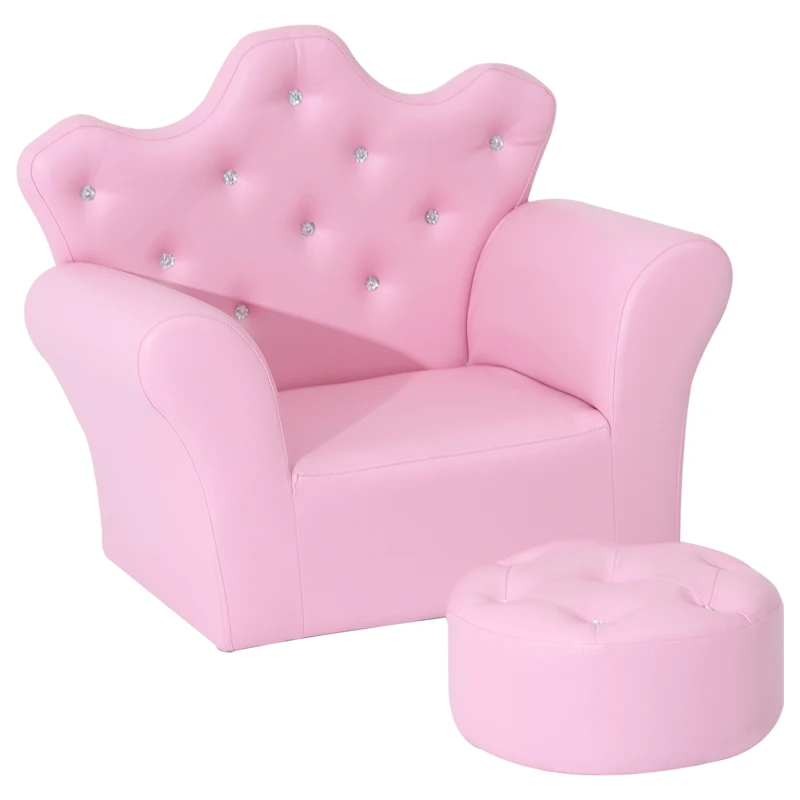 Qaba Kids Sofa Set with Footstool, Princess Sofa with Diamond Decoration
