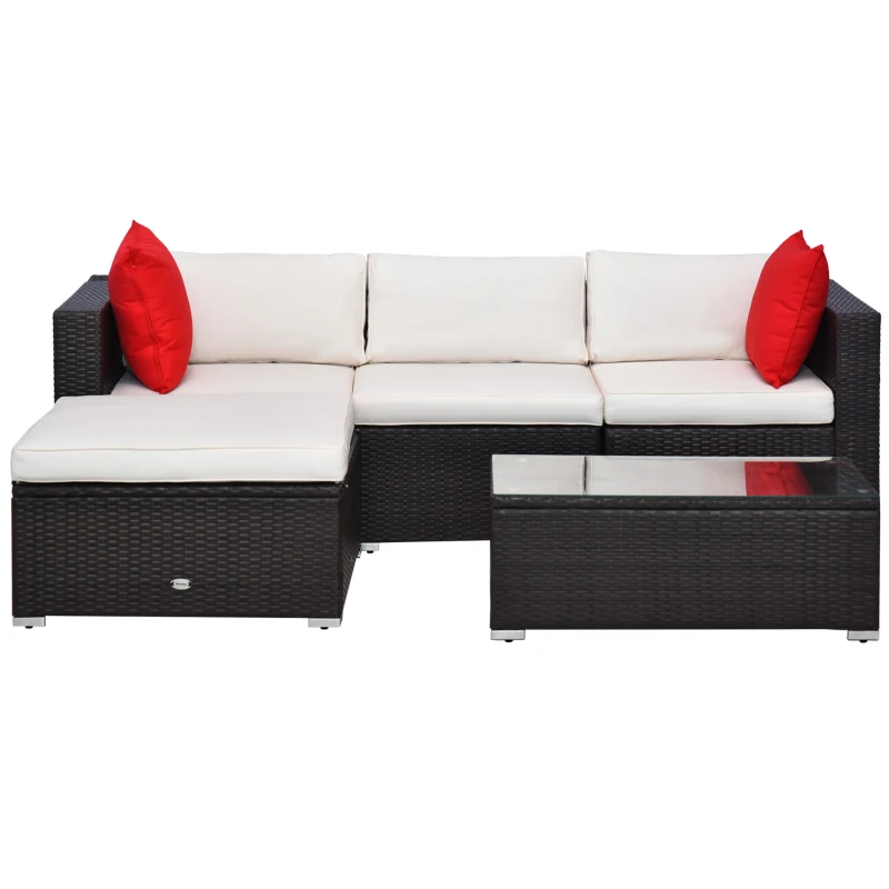 Outsunny 5 Pieces Patio Wicker Patio Furniture Sofa Set with Thick Cushions, Outdoor Modular PE Rattan Sectional Conversation Couch with Glass Top Table, Cream White
