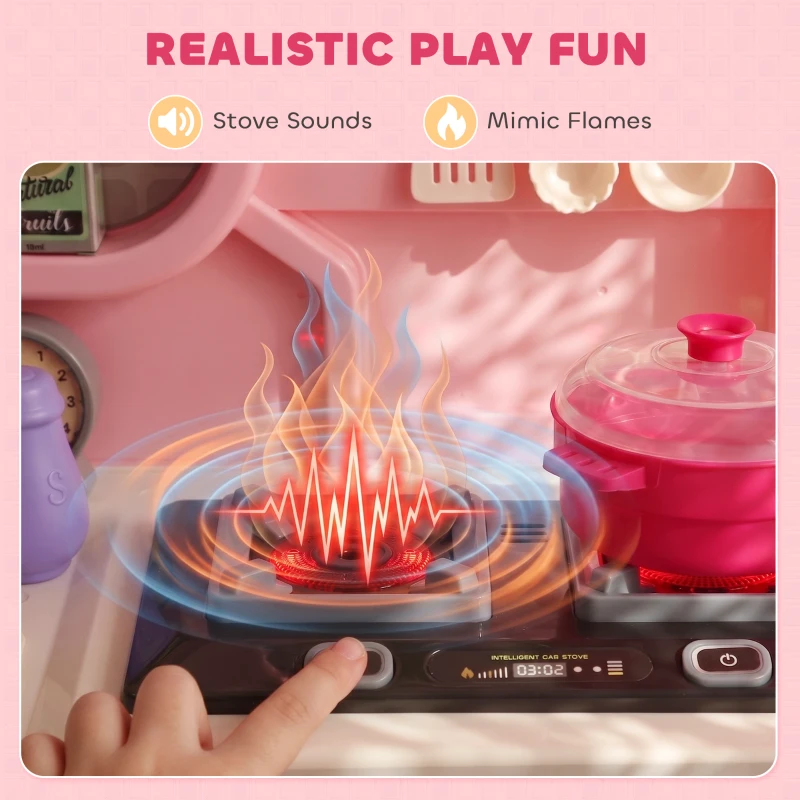 Qaba Kids Kitchen Playset, Play Kitchen with Lights, Sounds, Circulating Water Sink, Storage, 33 PCS for 3-6 Years, Pink
