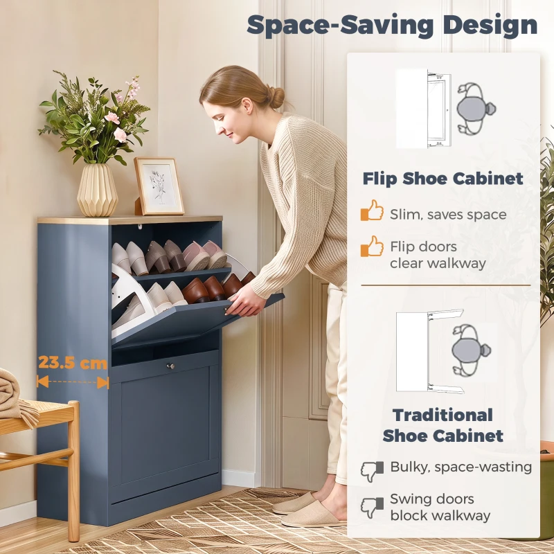 HOMCOM Slim Shoe Storage Cabinet, Modern Shoe Cabinet with 2 Flip Drawers and Adjustable Shelves for 8-12 Pairs, Blue
