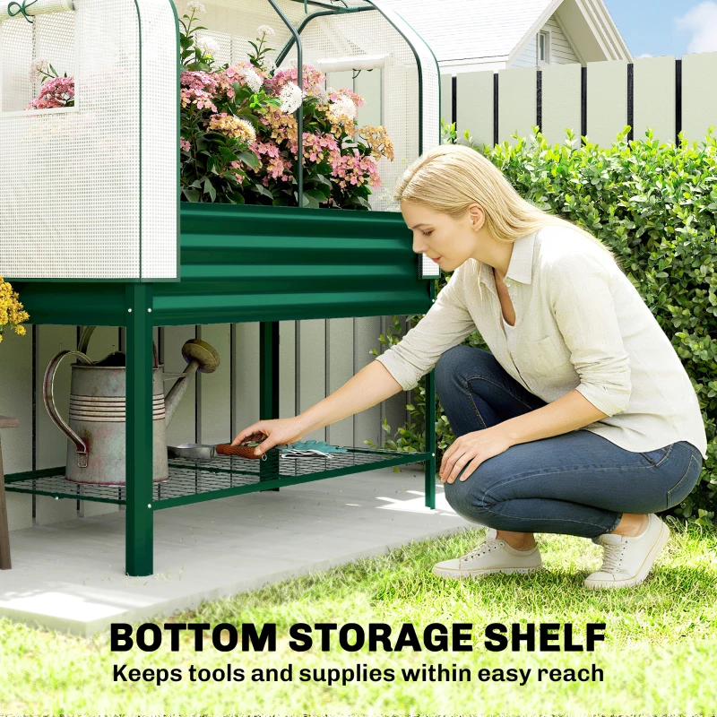 Outsunny Galvanised Raised Garden Bed with Greenhouse Cover, Metal Elevated Garden Bed with Bed Liner, Bottom Shelf, Green