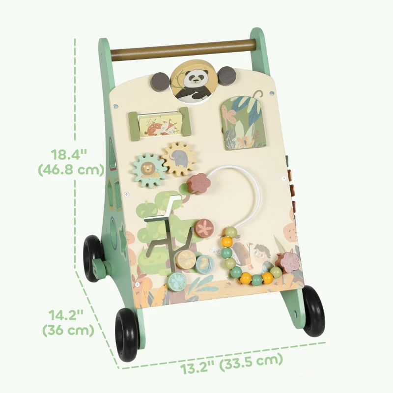 Qaba Wooden Baby Walker, Push Along Walker Toys with Speed Control, Xylophone, gears and Bead Maze, Green