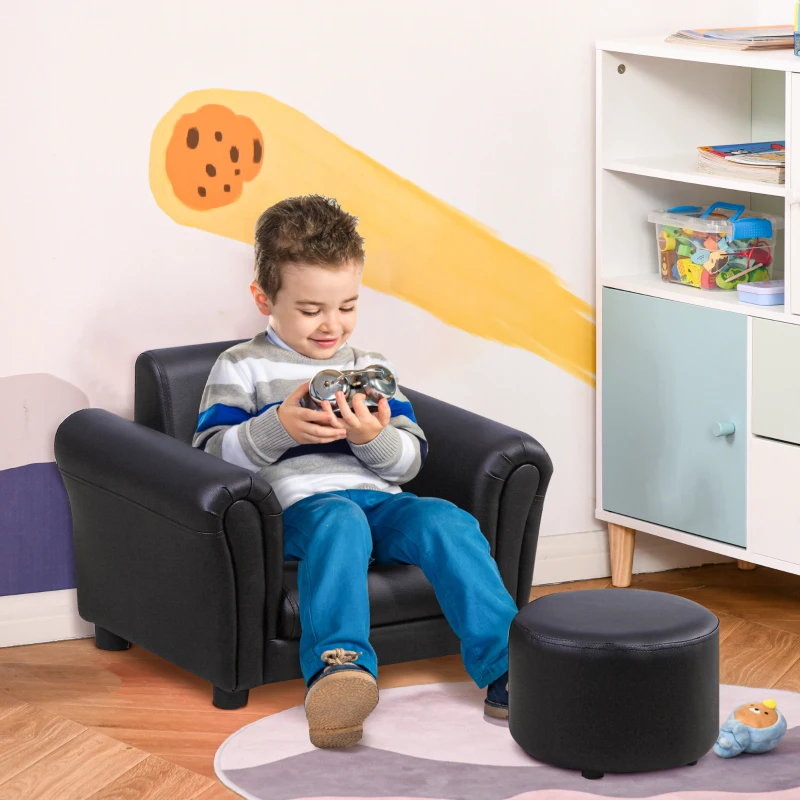 Qaba Kids Sofa Set with Footstool, Upholstered Armchair for Kids 18M+, Baby Sofa for Playroom, Children's Bedroom, Nursery Room, Black