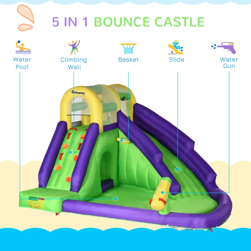 Outsunny 5-in-1 Inflatable Water Slide, Kids Castle Bounce House with Slide, Basketball, Pool, Water Cannon, Climbing Wall Includes Carry Bag, Repair Patches, 680W Air Blower