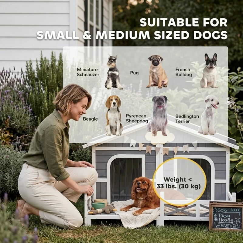 PawHut Dog House Outdoor, Wooden Dog Kennel Weatherproof with Porch, Openable Roof, Removable Bottom, Elevated Floor, Double Room for 2 Small to Medium Breeds, Gray