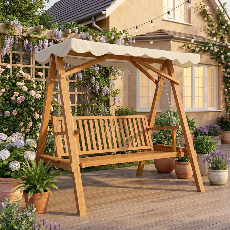 Outsunny 80" Patio Swing Chair with Canopy Outdoor Wooden Swing Bench Hammock for Garden, Poolside, Backyard