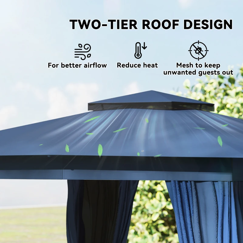 Outsunny 10' x 12' Outdoor Patio Gazebo, Soft Top Gazebo Canopy Shelter with Curtains, Netting, Steel Frame, Hooks, Blue