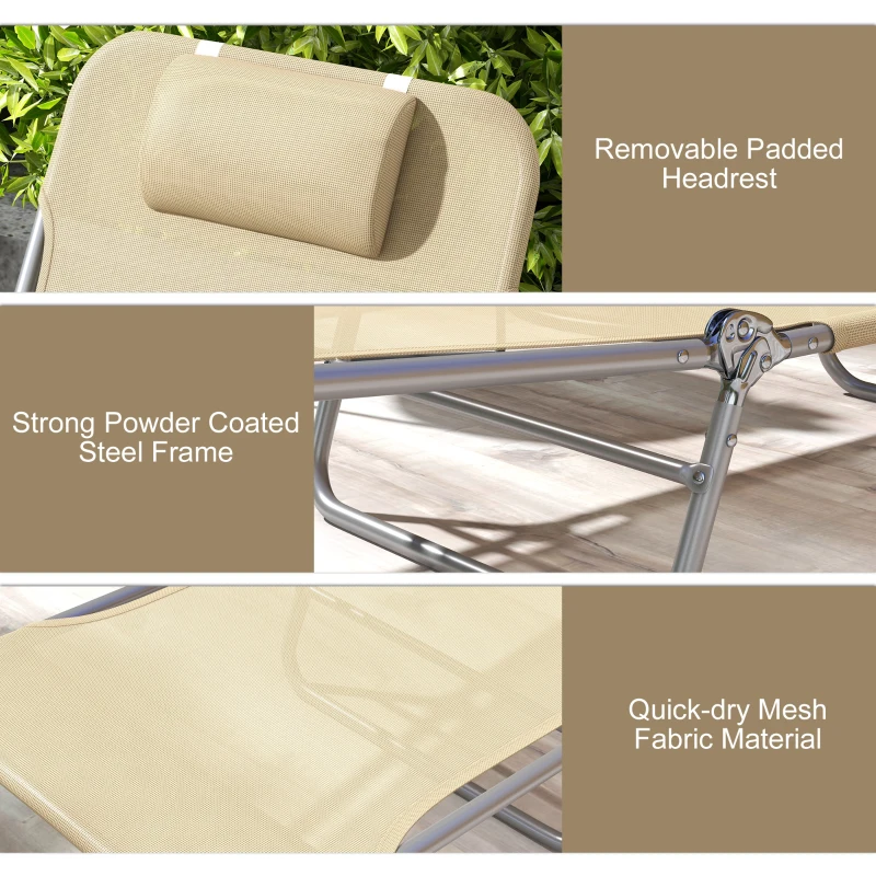 Outsunny Folding Outdoor Lounge Chair Set of 2, Reclining Tanning Chair with 5-Position Adjustable Backrest, Brown