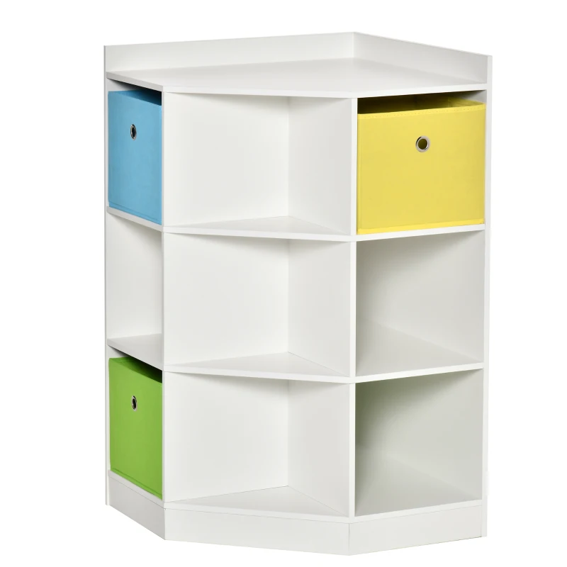 HOMCOM Kids Corner Cabinet, Cubby Toy Storage Organizer, Bookshelf Unit with Three Baskets for Playroom, Bedroom, Living Room, White